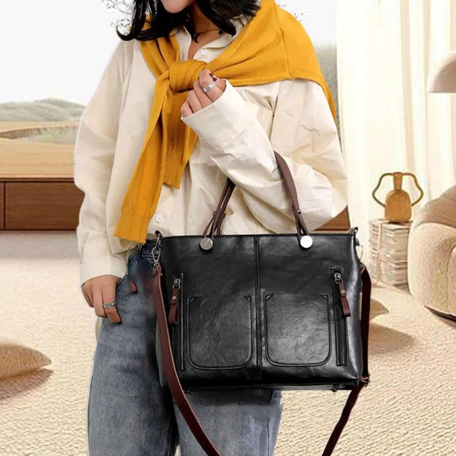 Women's Handbags Faux Soft PU Leather Vintage Shoulder Bag Top Handle Slouchy Satchel Tote Bags Multi Pocket Handbag