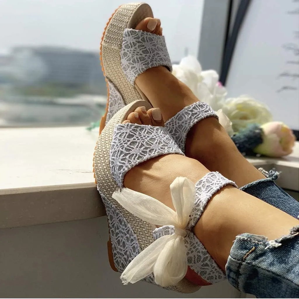 Women's Ladies Platform Wedges Heel Sandals Floral Flower Lace-up Shoes Footwear Women's Water Shoes