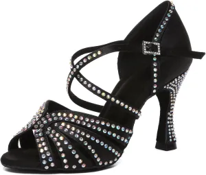 Women's Latin Dance Shoes Black with Rhinestones Open Toe Ballroom Salsa Dance Shoes with 3 inches Heels