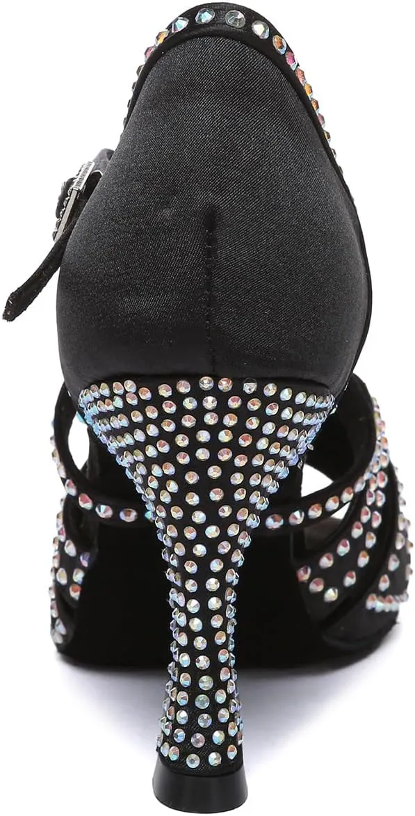 Women's Latin Dance Shoes Black with Rhinestones Open Toe Ballroom Salsa Dance Shoes with 3 inches Heels
