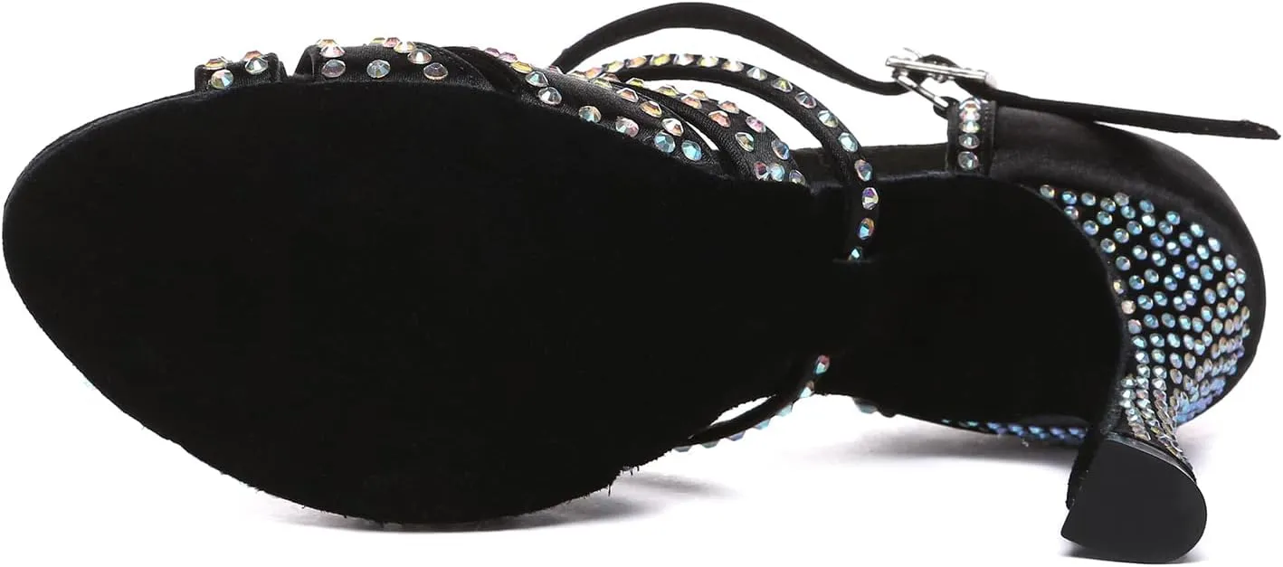 Women's Latin Dance Shoes Black with Rhinestones Open Toe Ballroom Salsa Dance Shoes with 3 inches Heels