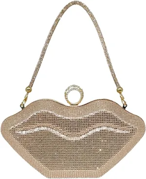 Womens Lip Shaped Evening Purse Sparkling Rhinestone Clutch Shoulder Bag Trendy Party Handbag Chain Crossbody Bags