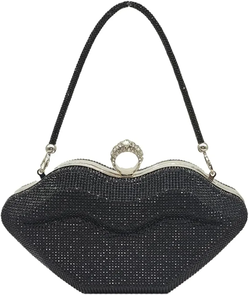 Womens Lip Shaped Evening Purse Sparkling Rhinestone Clutch Shoulder Bag Trendy Party Handbag Chain Crossbody Bags