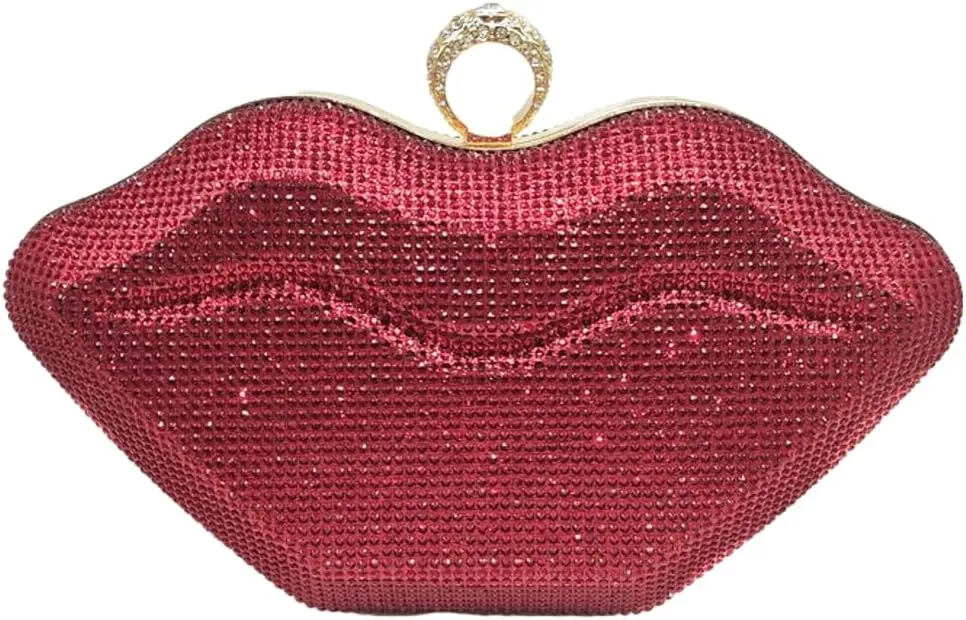 Womens Lip Shaped Evening Purse Sparkling Rhinestone Clutch Shoulder Bag Trendy Party Handbag Chain Crossbody Bags