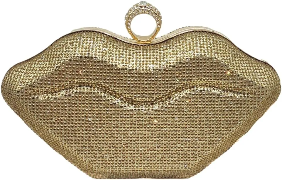 Womens Lip Shaped Evening Purse Sparkling Rhinestone Clutch Shoulder Bag Trendy Party Handbag Chain Crossbody Bags