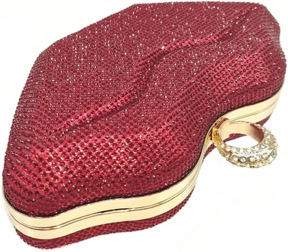Womens Lip Shaped Evening Purse Sparkling Rhinestone Clutch Shoulder Bag Trendy Party Handbag Chain Crossbody Bags