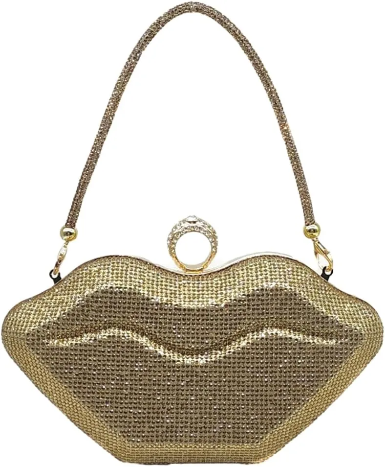 Womens Lip Shaped Evening Purse Sparkling Rhinestone Clutch Shoulder Bag Trendy Party Handbag Chain Crossbody Bags