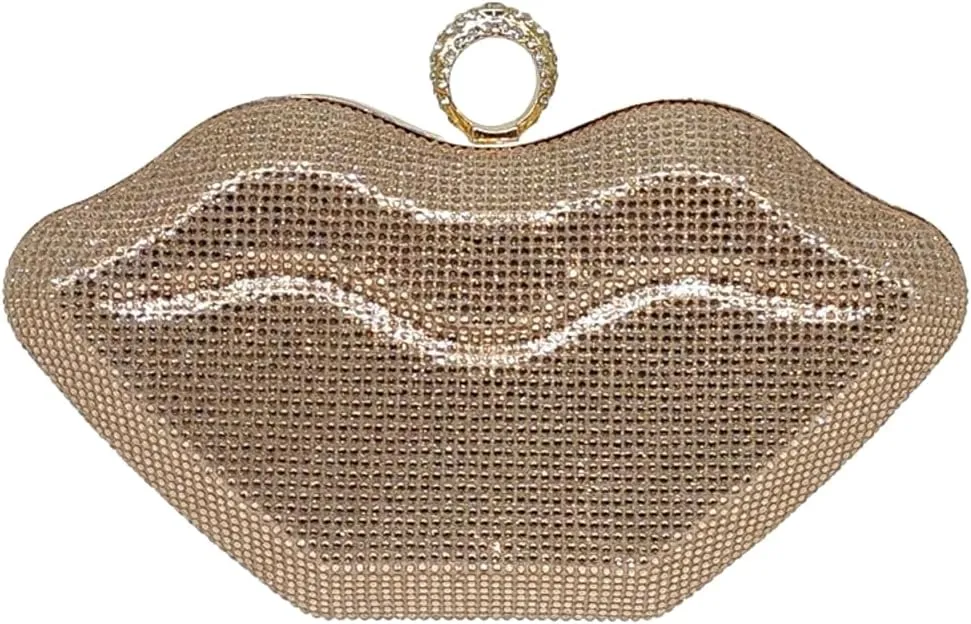 Womens Lip Shaped Evening Purse Sparkling Rhinestone Clutch Shoulder Bag Trendy Party Handbag Chain Crossbody Bags