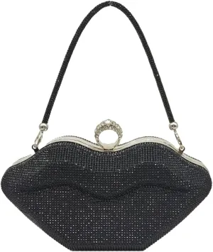 Womens Lip Shaped Evening Purse Sparkling Rhinestone Clutch Shoulder Bag Trendy Party Handbag Chain Crossbody Bags