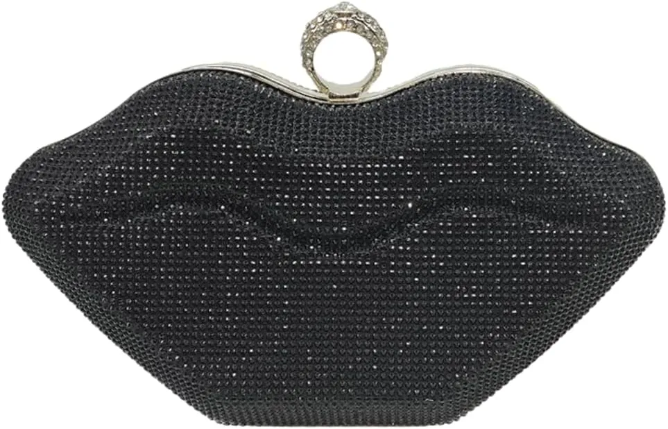 Womens Lip Shaped Evening Purse Sparkling Rhinestone Clutch Shoulder Bag Trendy Party Handbag Chain Crossbody Bags