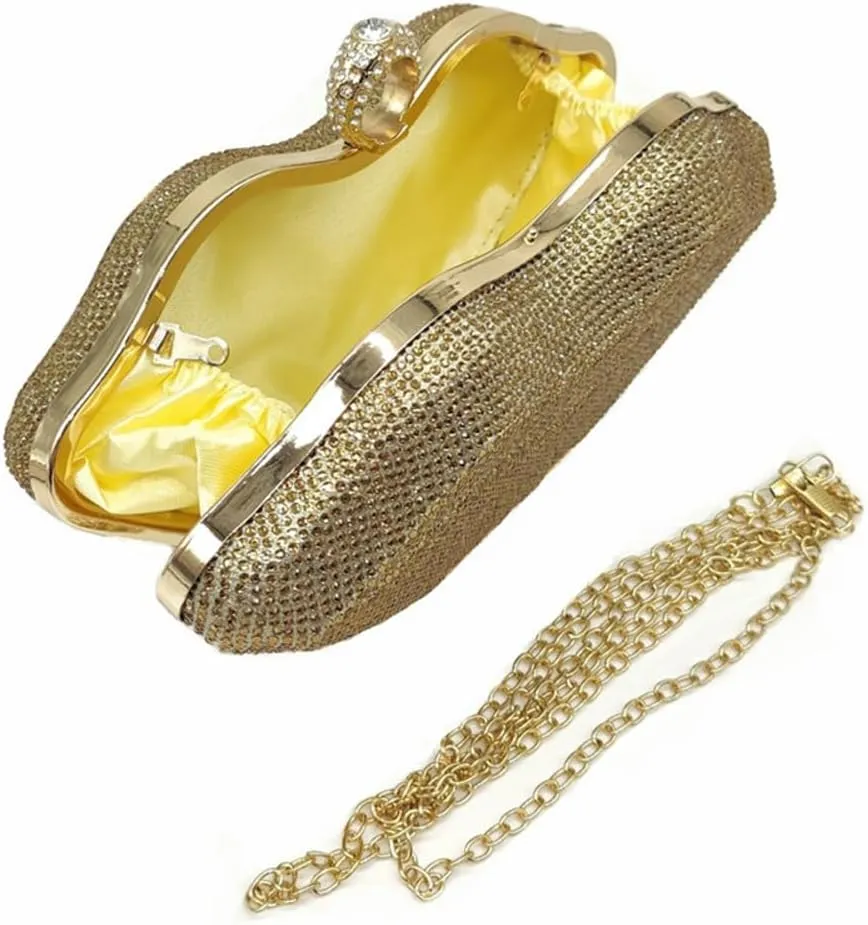 Womens Lip Shaped Evening Purse Sparkling Rhinestone Clutch Shoulder Bag Trendy Party Handbag Chain Crossbody Bags