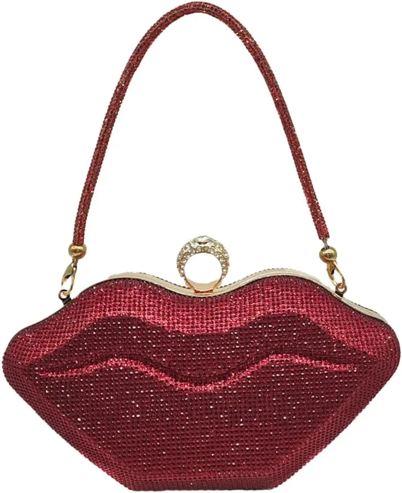 Womens Lip Shaped Evening Purse Sparkling Rhinestone Clutch Shoulder Bag Trendy Party Handbag Chain Crossbody Bags