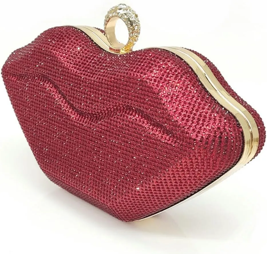 Womens Lip Shaped Evening Purse Sparkling Rhinestone Clutch Shoulder Bag Trendy Party Handbag Chain Crossbody Bags