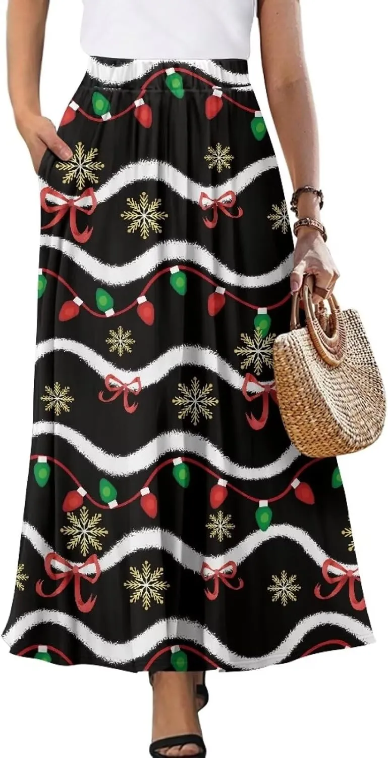 Womens Long Skirts Trendy Flared Casual A Line Skirts Girls Winter Fall Spring Skirts for Dance with Pocket