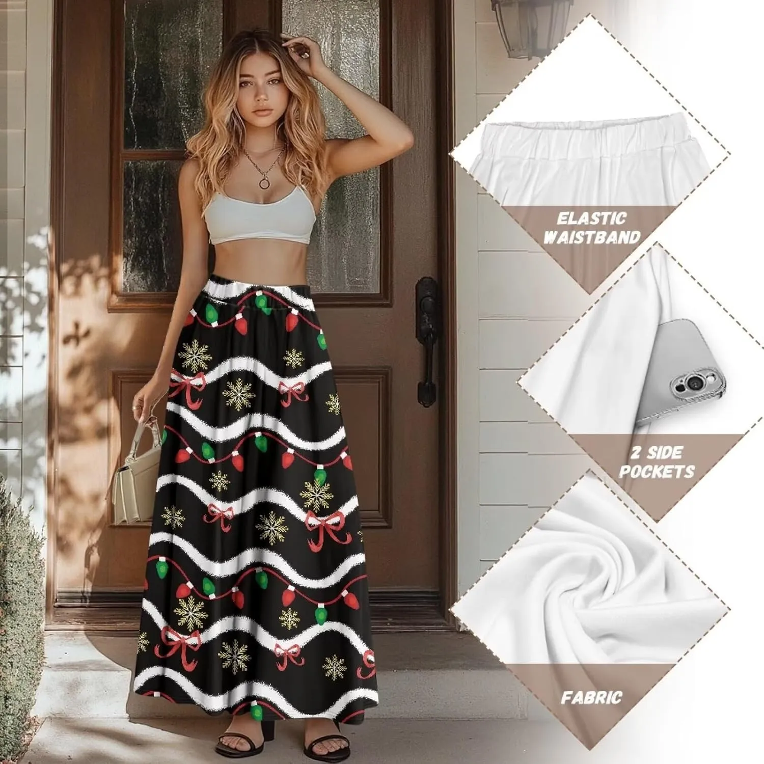 Womens Long Skirts Trendy Flared Casual A Line Skirts Girls Winter Fall Spring Skirts for Dance with Pocket