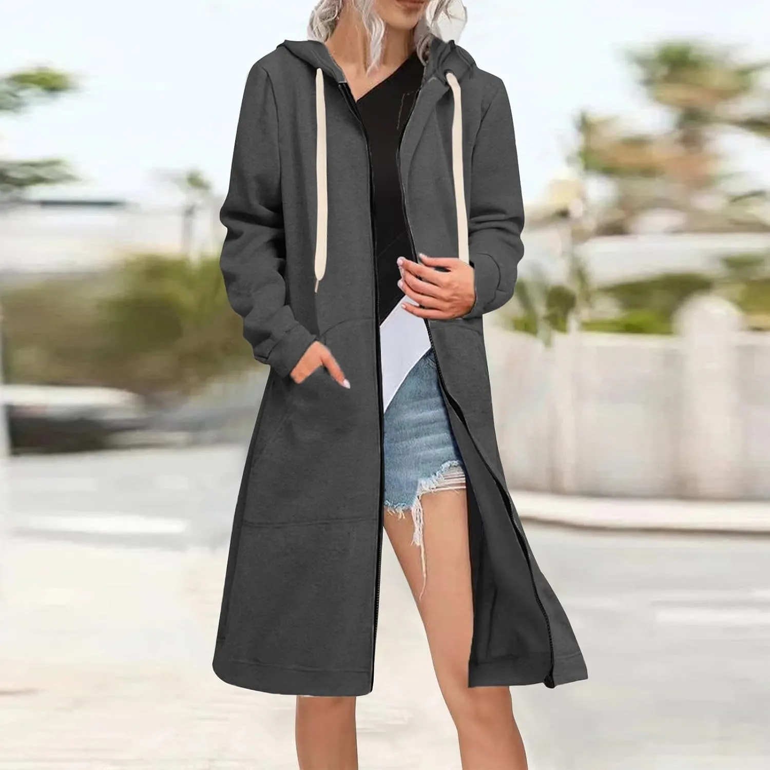 Women's Long Sleeve Long Hooded Open Front Cardigan Jacket With Pockets Casual Lightweight Duster Coat Fall And Winter