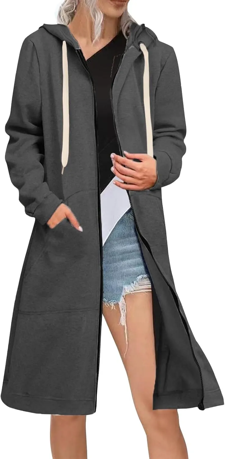 Women's Long Sleeve Long Hooded Open Front Cardigan Jacket With Pockets Casual Lightweight Duster Coat Fall And Winter
