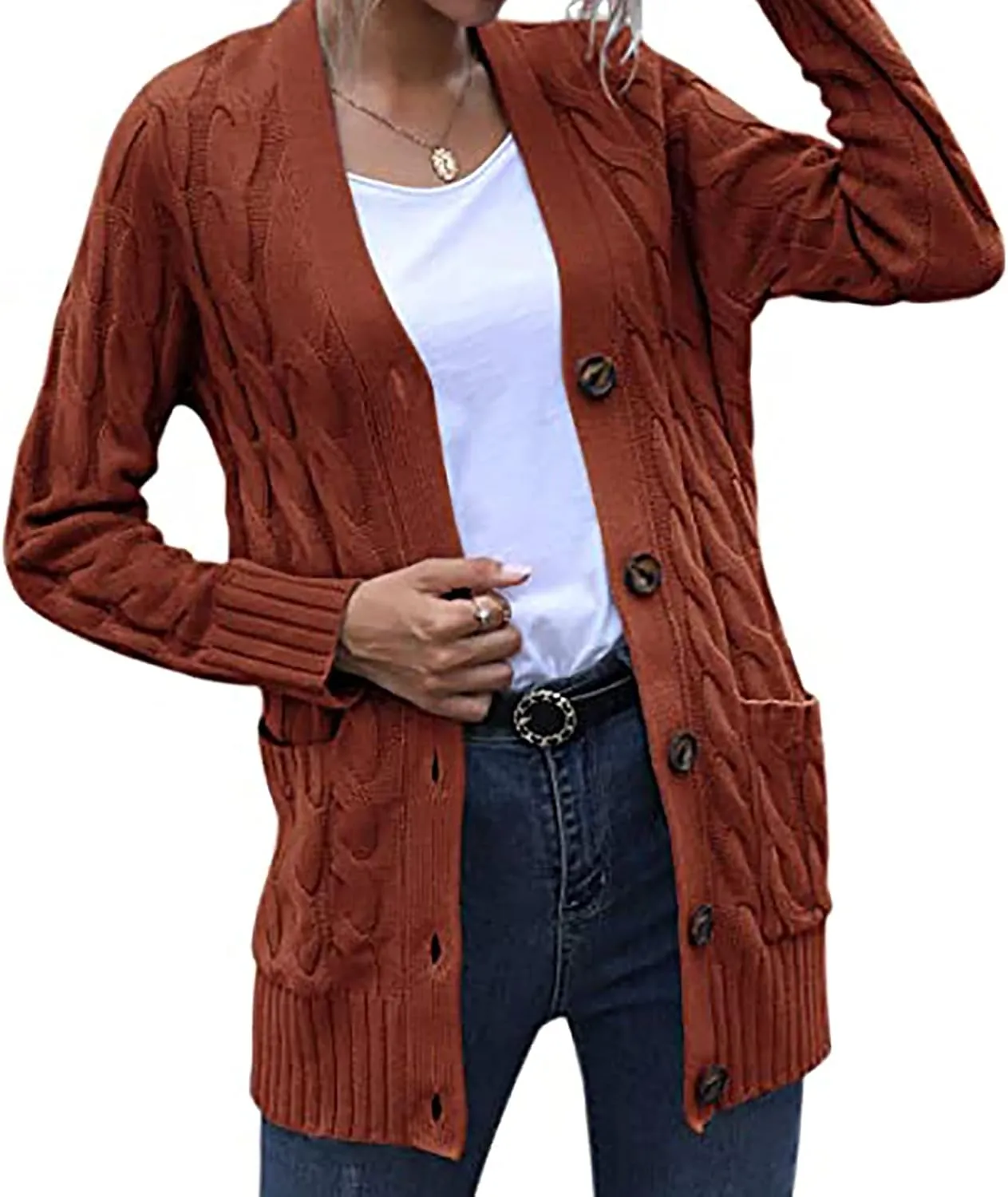 Women's Loose Cable Knit Cardigan Sweater Long Sleeve Open Front Button Down Chunky Knitwear Outerwear with Pockets