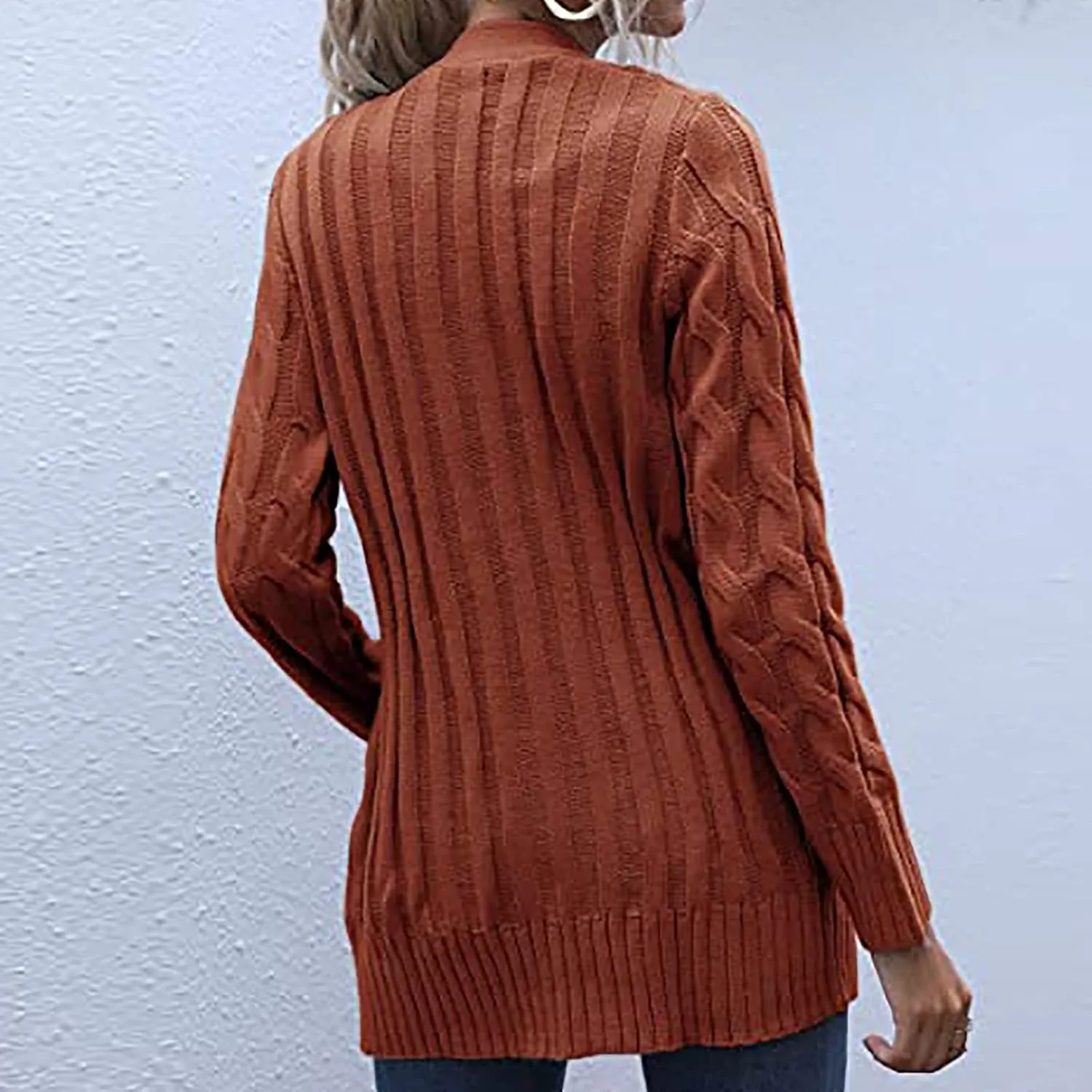 Women's Loose Cable Knit Cardigan Sweater Long Sleeve Open Front Button Down Chunky Knitwear Outerwear with Pockets