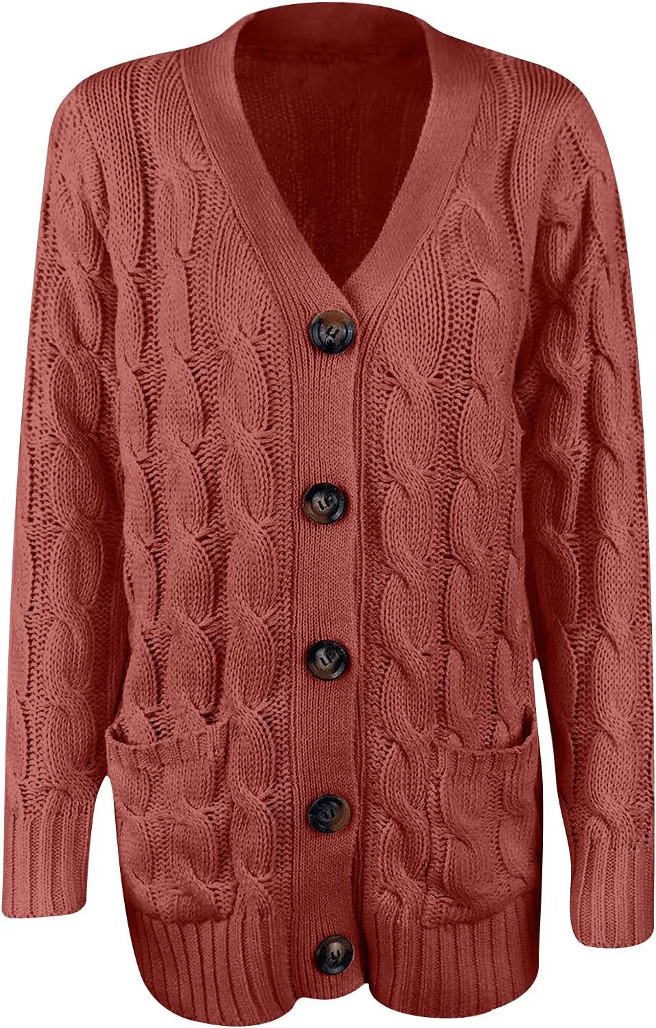 Women's Loose Cable Knit Cardigan Sweater Long Sleeve Open Front Button Down Chunky Knitwear Outerwear with Pockets