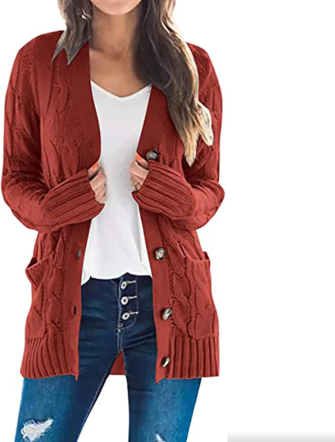 Women's Loose Cable Knit Cardigan Sweater Long Sleeve Open Front Button Down Chunky Knitwear Outerwear with Pockets