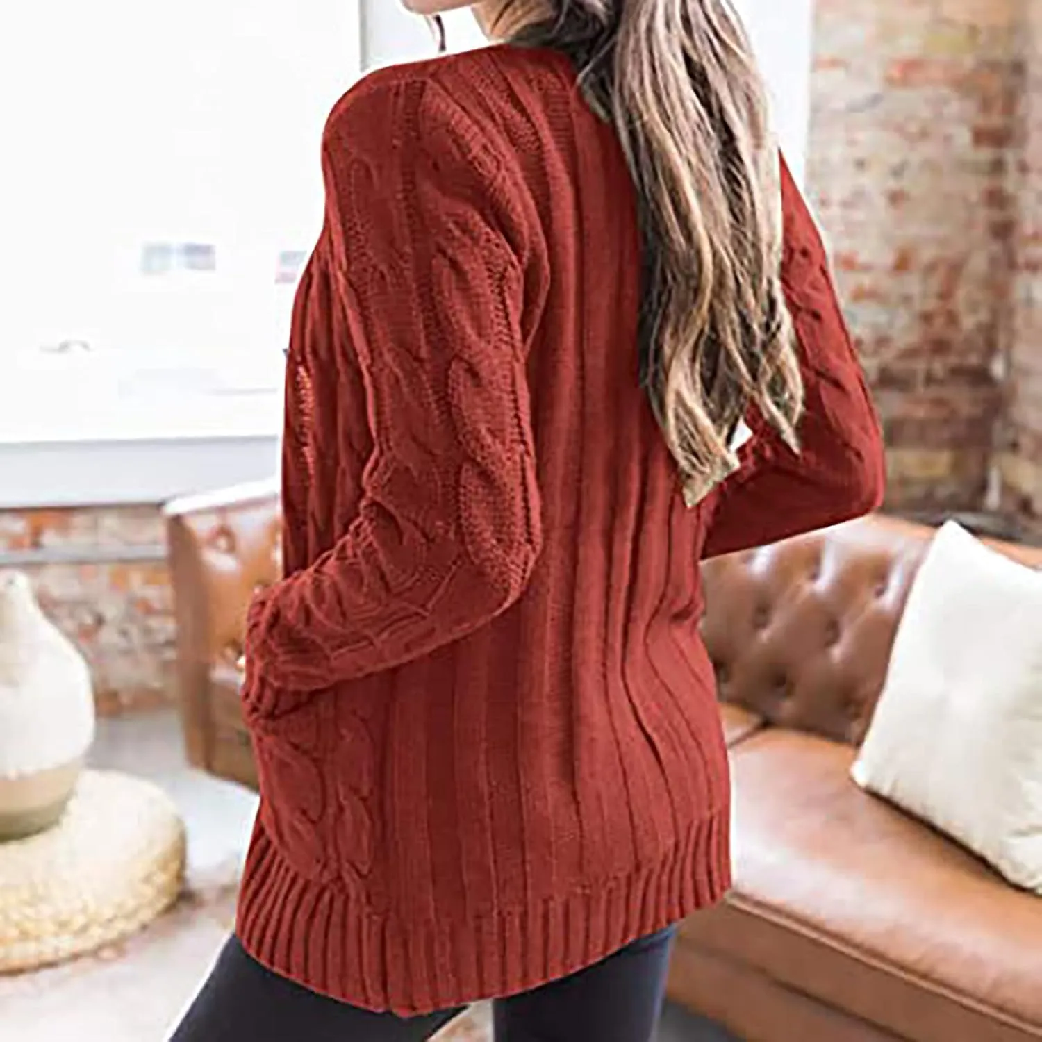 Women's Loose Cable Knit Cardigan Sweater Long Sleeve Open Front Button Down Chunky Knitwear Outerwear with Pockets