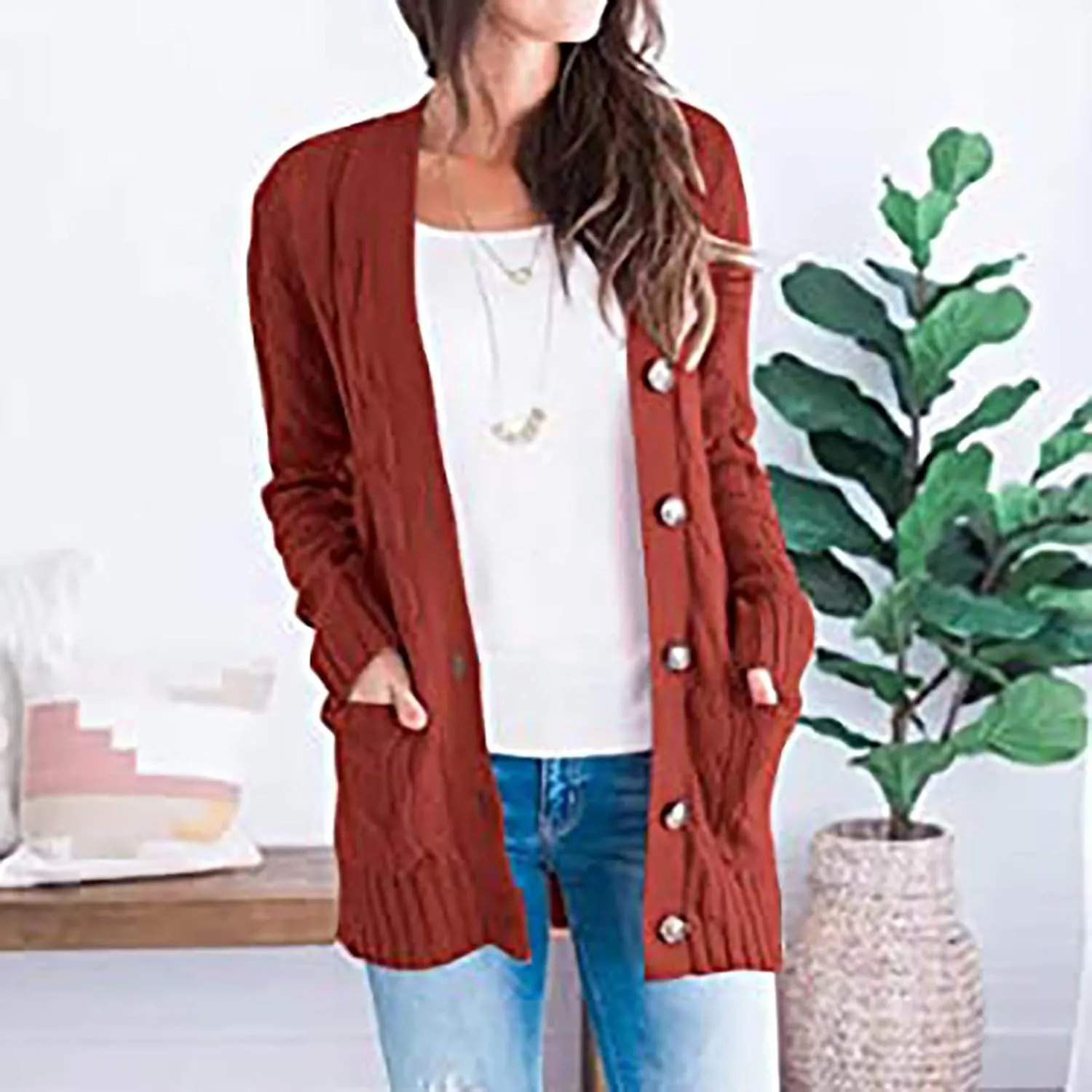 Women's Loose Cable Knit Cardigan Sweater Long Sleeve Open Front Button Down Chunky Knitwear Outerwear with Pockets