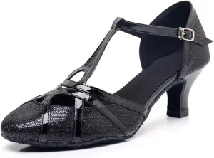 Women's Modern Heels Shoes Salsa Tango Ballroom Latin Party Dance Shoes Sequin Hollow Wedding High Heel(Black7.5cm,35)