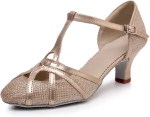 Women's Modern Heels Shoes Salsa Tango Ballroom Latin Party Dance Shoes Sequin Hollow Wedding High Heel(Champagne 5.5cm,35)