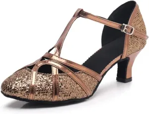 Women's Modern Heels Shoes Salsa Tango Ballroom Latin Party Dance Shoes Sequin Hollow Wedding High Heel(Coppery 5.5cm,36)