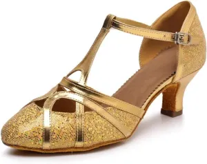 Women's Modern Heels Shoes Salsa Tango Ballroom Latin Party Dance Shoes Sequin Hollow Wedding High Heel(Gold5.5cm,40)
