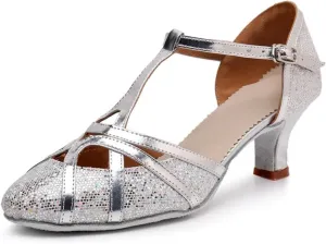Women's Modern Heels Shoes Salsa Tango Ballroom Latin Party Dance Shoes Sequin Hollow Wedding High Heel(Silver7.5cm,38)