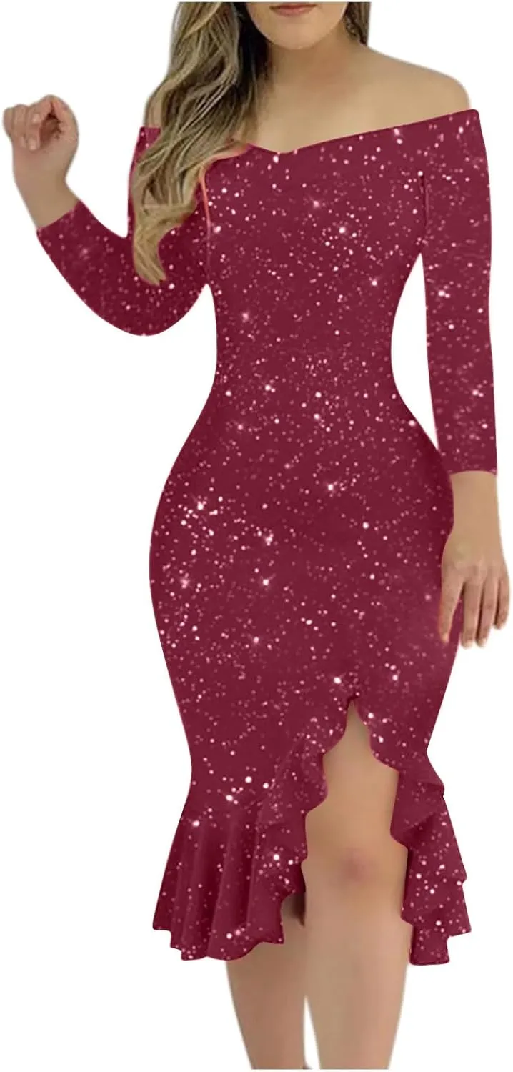 Womens Off Shoulder Sequin Dress Glitter Sparkle Prom Dress Bodycon Long Sleeve Ruffle Hem Split Midi Dress
