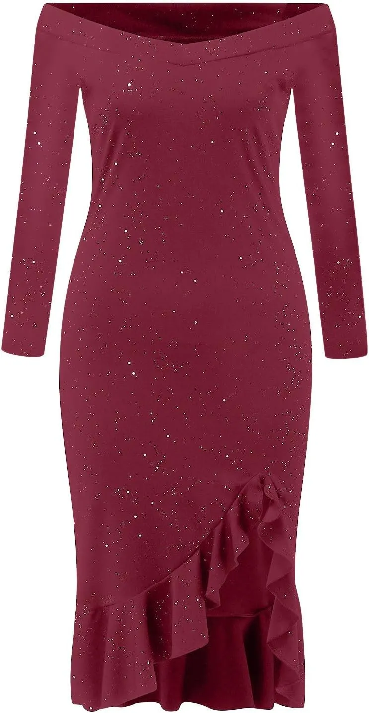 Womens Off Shoulder Sequin Dress Glitter Sparkle Prom Dress Bodycon Long Sleeve Ruffle Hem Split Midi Dress
