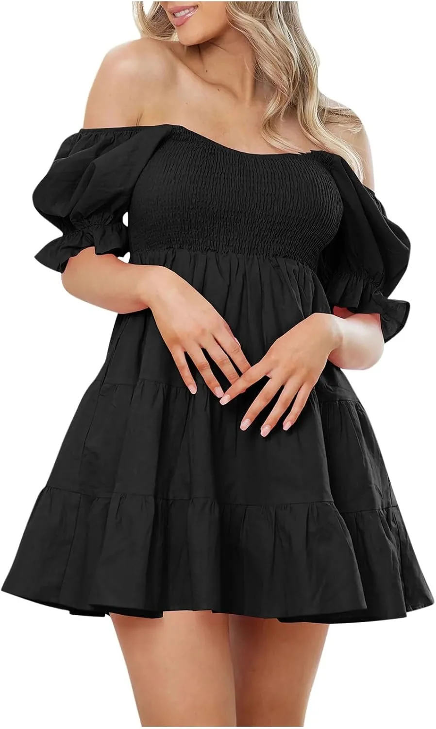 Womens Off Shoulder Sexy Mini Dresses Summer Tiered Ruffle Smocked Blouson Short Dress Solid Color Cute Beach Dress