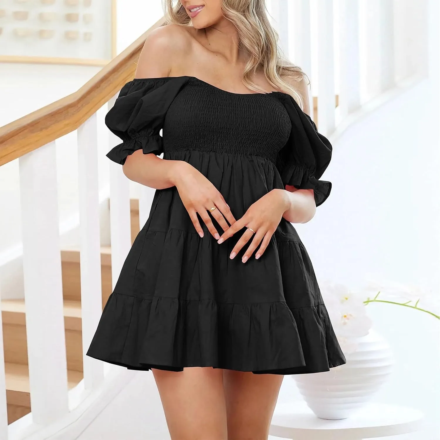 Womens Off Shoulder Sexy Mini Dresses Summer Tiered Ruffle Smocked Blouson Short Dress Solid Color Cute Beach Dress