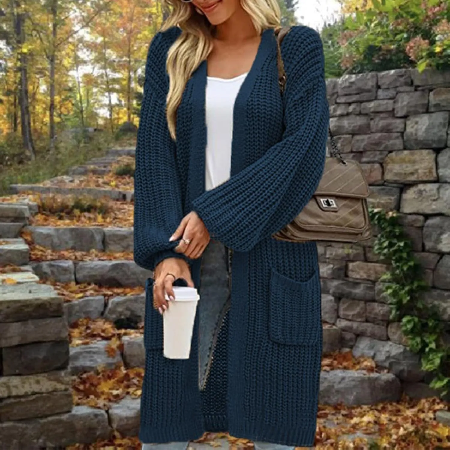 Women's Open Front Cardigan Oversized Chunky Knit Sweater Long Lantern Sleeve Outwear with Pocket 2025 Fashion