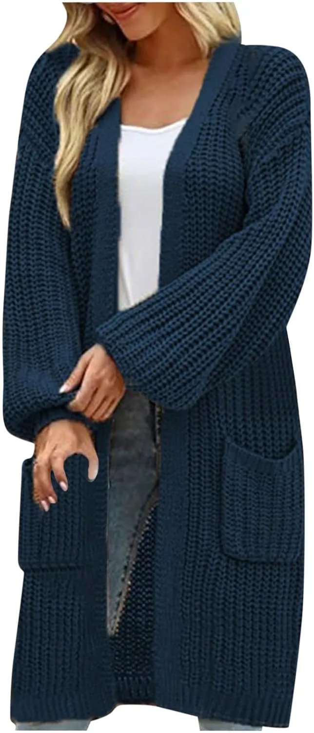 Women's Open Front Cardigan Oversized Chunky Knit Sweater Long Lantern Sleeve Outwear with Pocket 2025 Fashion