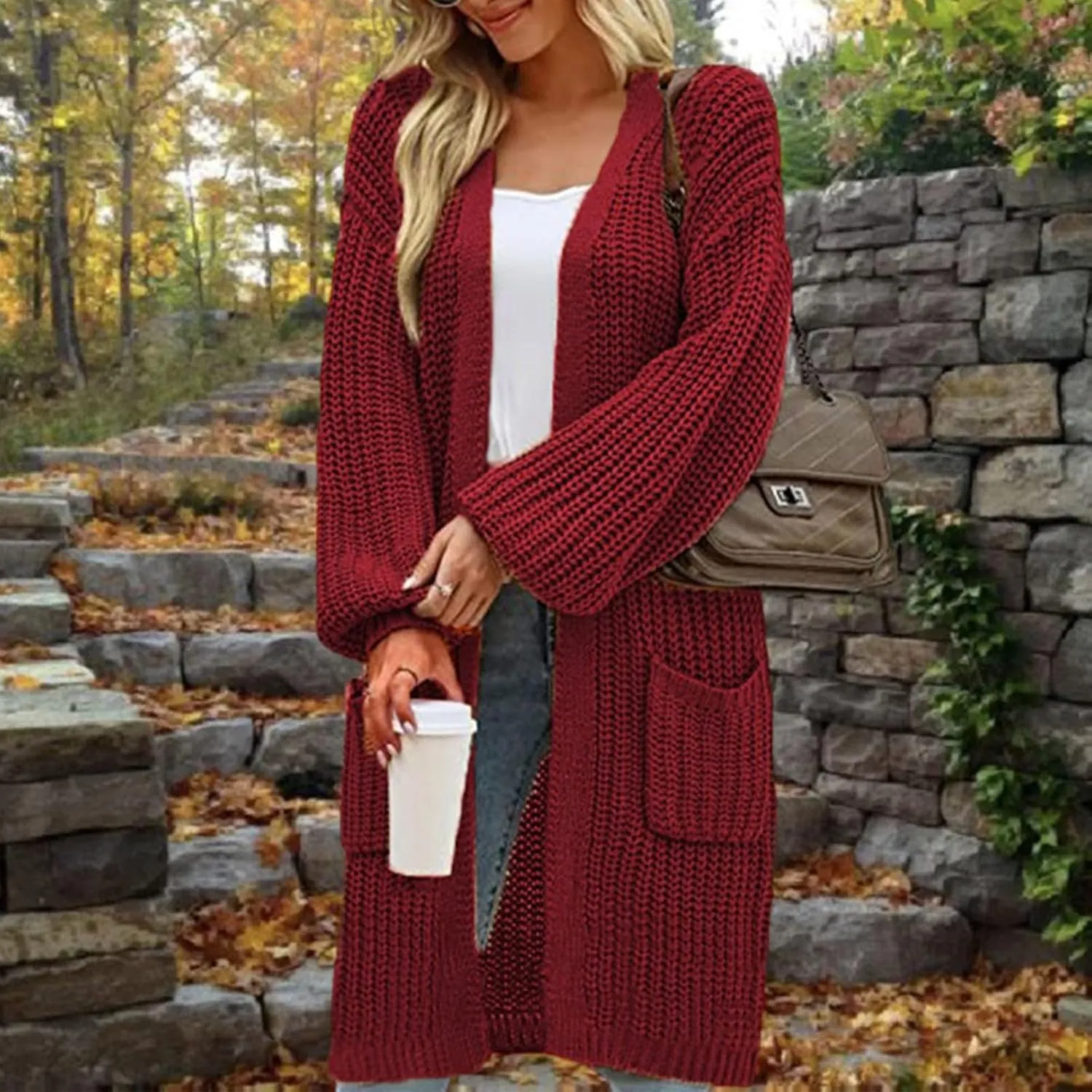 Women's Open Front Cardigan Oversized Chunky Knit Sweater Long Lantern Sleeve Outwear with Pocket 2025 Fashion