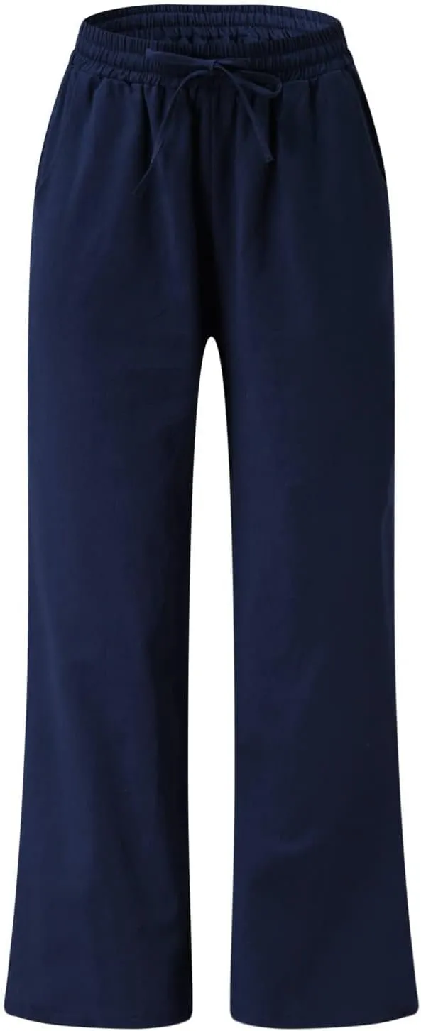 Womens Plus Size Linen Pants Wide Leg Palazzo Pant Drawstring High Elastic Waist Flowy Culottes Trousers with Pockets