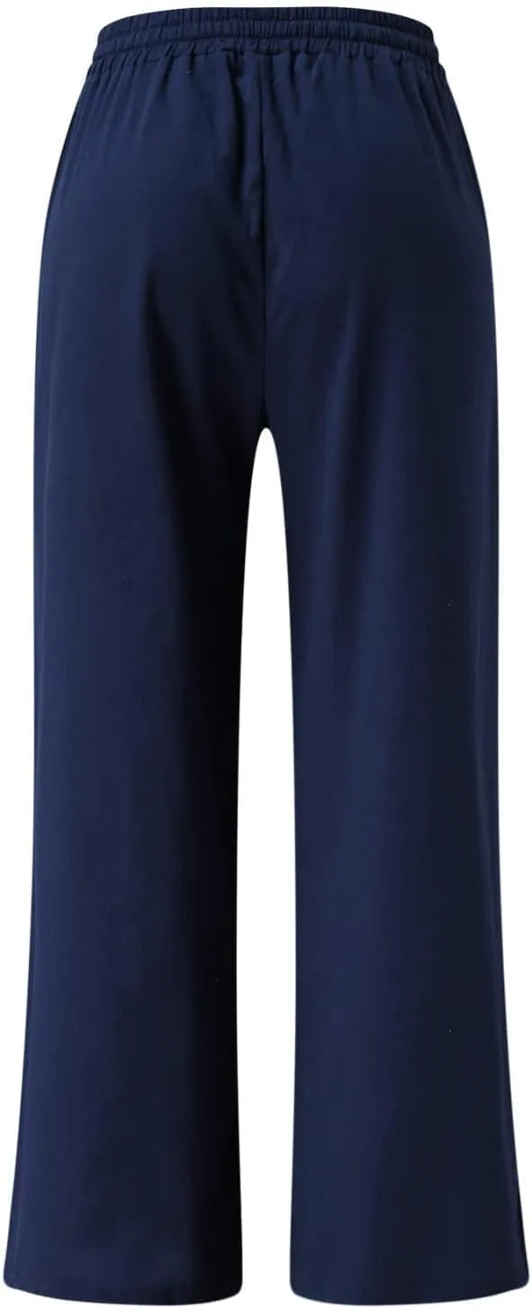Womens Plus Size Linen Pants Wide Leg Palazzo Pant Drawstring High Elastic Waist Flowy Culottes Trousers with Pockets