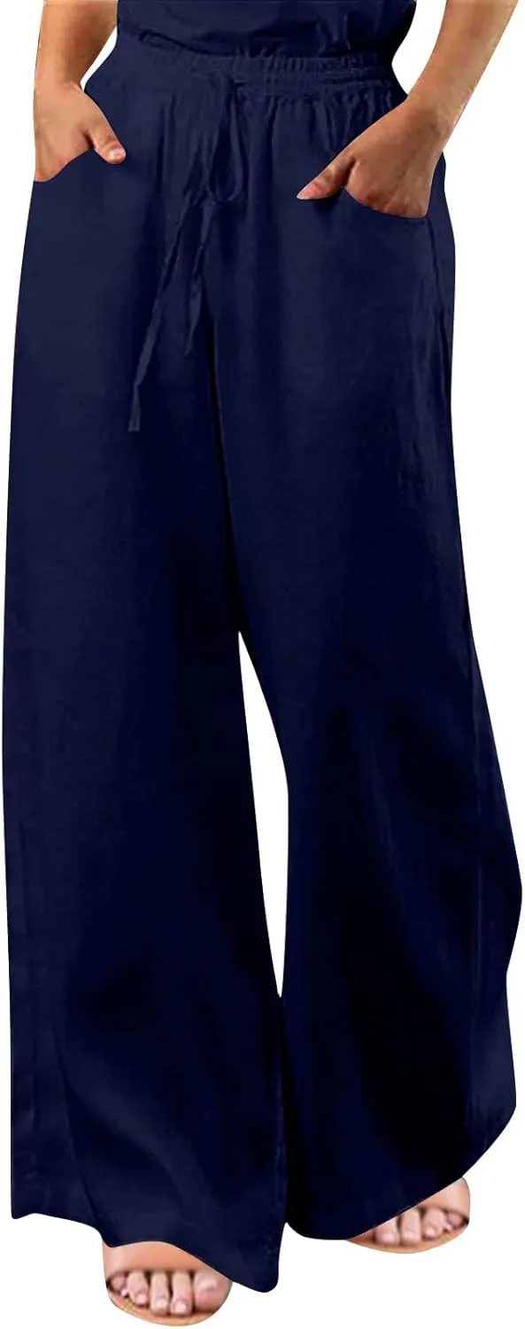 Womens Plus Size Linen Pants Wide Leg Palazzo Pant Drawstring High Elastic Waist Flowy Culottes Trousers with Pockets