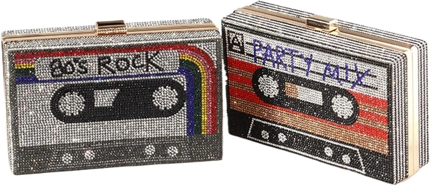 Women's Rhinestone Wedding Clutch Bag Cassette Tape Evening Bag Party Money Purses For Party Prom Cocktail Wedding