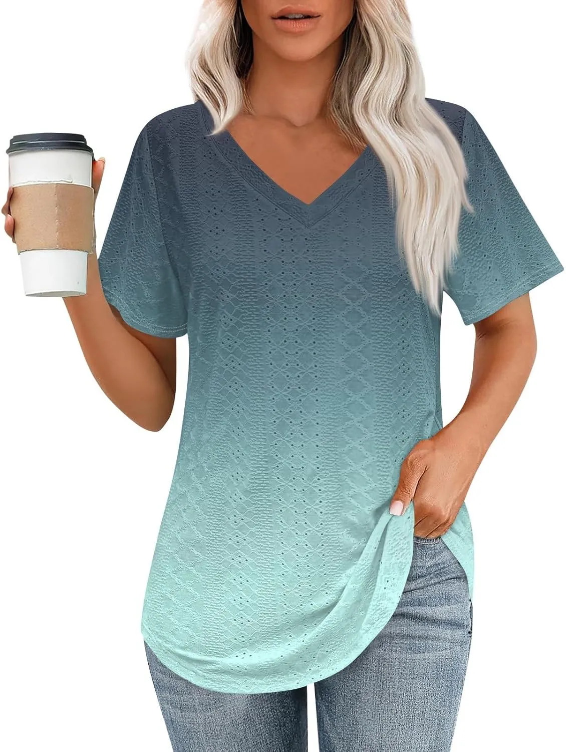 Womens Shirts V Neck Short Sleeve Casual Summer Tops Loose Fit Basic Tees with Curved Hem Trendy 2025