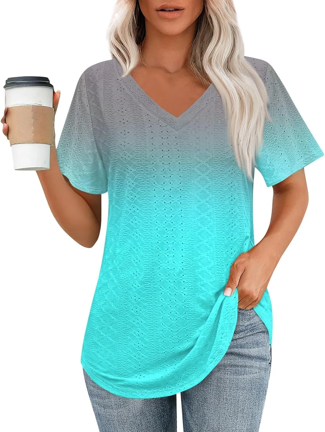 Womens Shirts V Neck Short Sleeve Casual Summer Tops Loose Fit Basic Tees with Curved Hem Trendy 2025