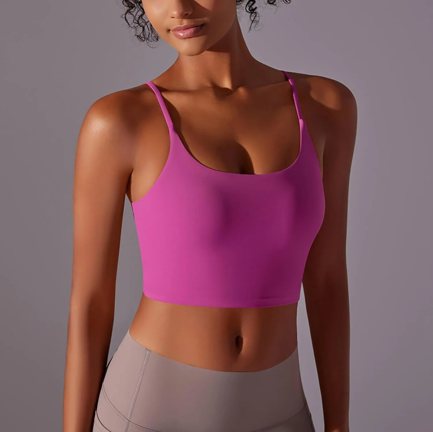 Womens Spaghetti Strap Sports Bra Scoop Neck Wireless Padded Yoga Bra Camisole Summer Athletic Workout Crop Tops