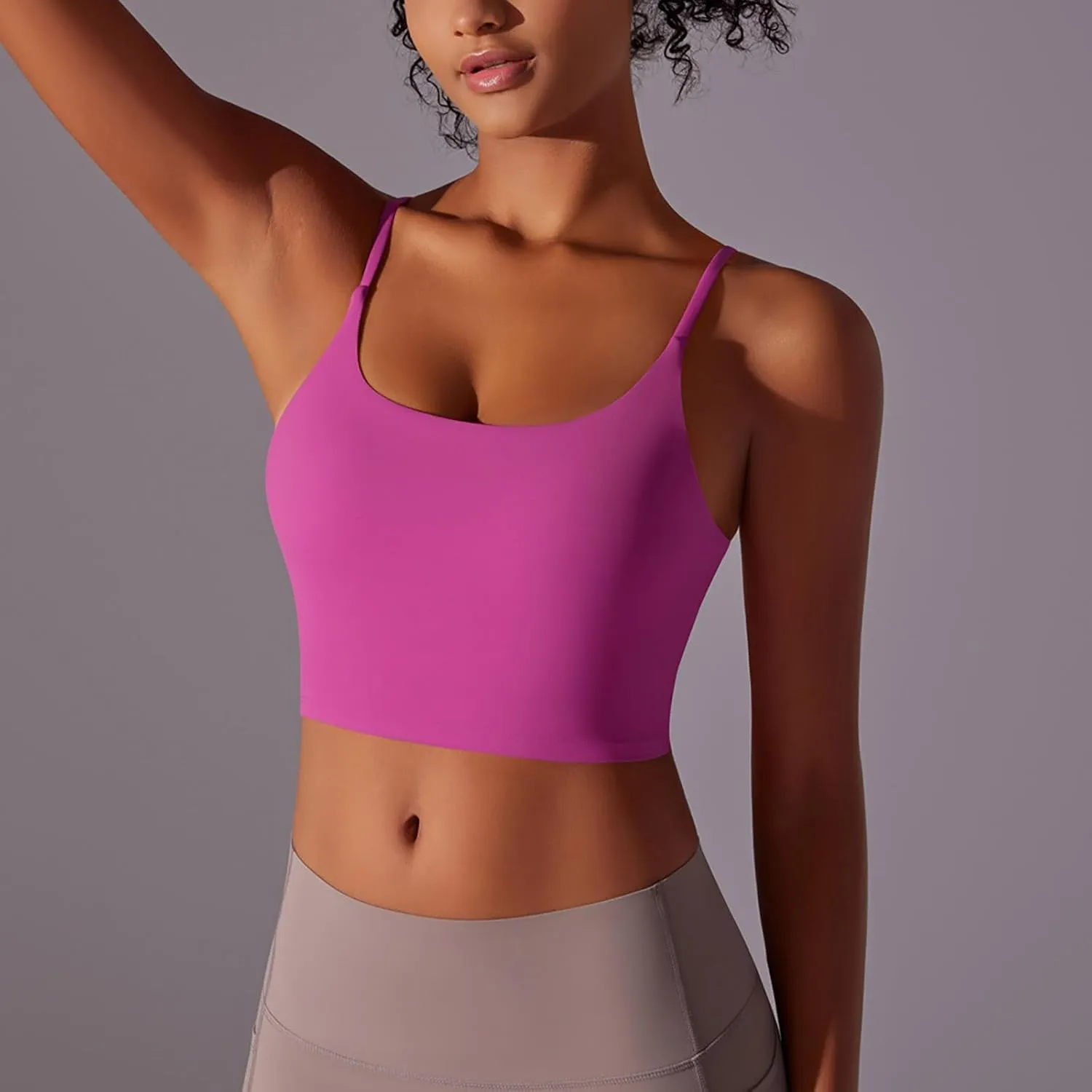 Womens Spaghetti Strap Sports Bra Scoop Neck Wireless Padded Yoga Bra Camisole Summer Athletic Workout Crop Tops