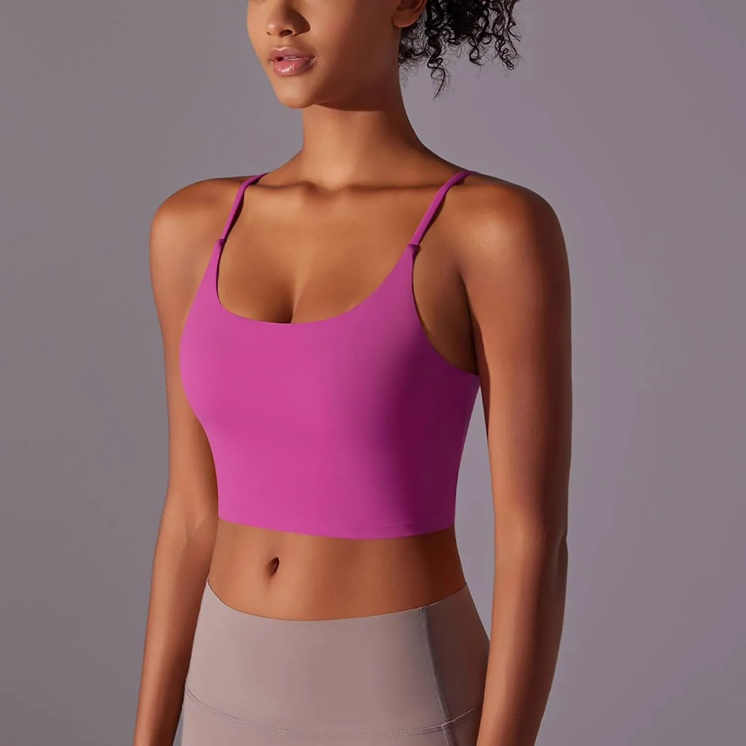 Womens Spaghetti Strap Sports Bra Scoop Neck Wireless Padded Yoga Bra Camisole Summer Athletic Workout Crop Tops