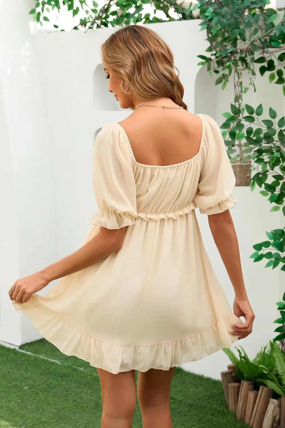 Women's Summer Dress Boho Short Sleeve Mini Dresses Square Neck Ruffle Mini Beach Dresses