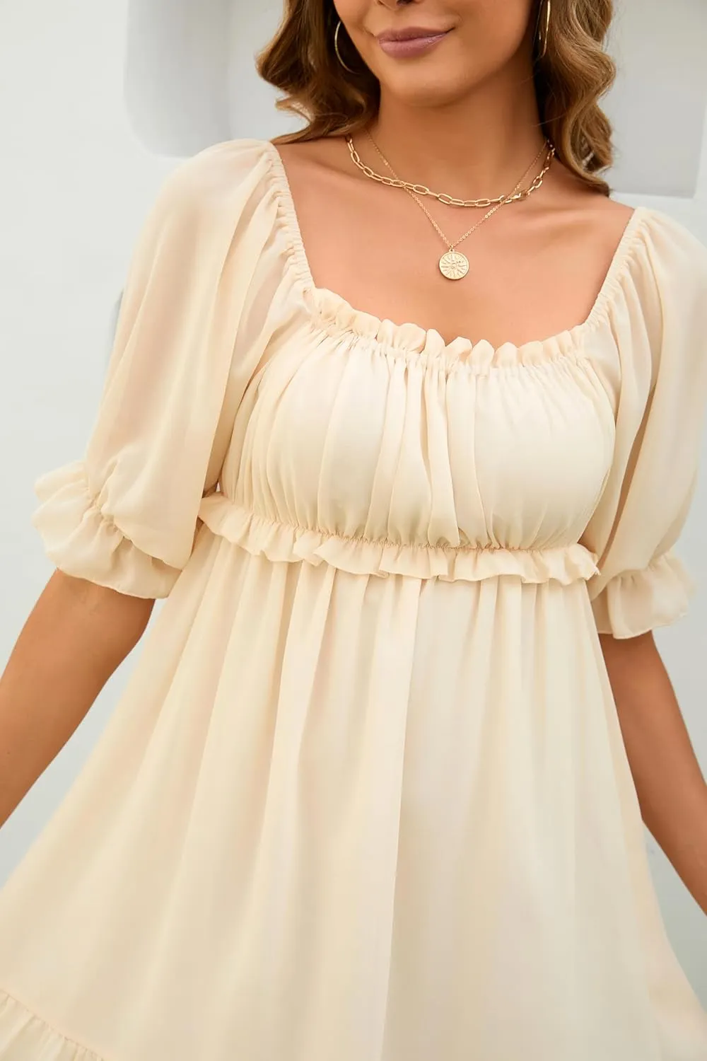 Women's Summer Dress Boho Short Sleeve Mini Dresses Square Neck Ruffle Mini Beach Dresses